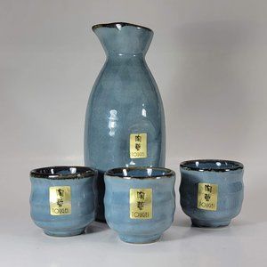 Ceramic Sake Set Japanese Blue Rice Wine Sake Soju Set of 4 Pieces Sake Cups